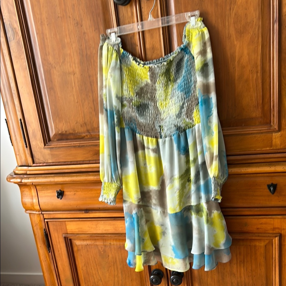 Bar III Blue and Yellow Ruffled Tiered , off the shoulder Sundress